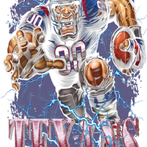 Aggressive football player in Texans jersey charging forward with lightning effects.