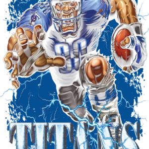 Aggressive football player charging forward with Titans logo.