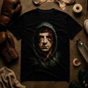 Black t-shirt featuring a mysterious hooded face design.