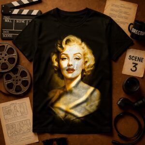 Black T-shirt with Marilyn Monroe's portrait in golden hues.