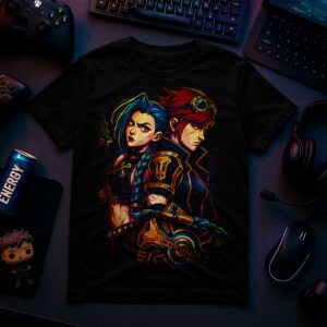 A black t-shirt with vibrant cyberpunk-style characters design.
