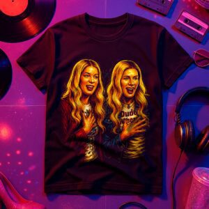 Black t-shirt with artistic double image of a blonde woman.
