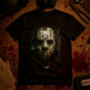 Black t-shirt featuring a creepy hockey mask design.