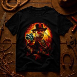 Black t-shirt with a vivid graphic of a mysterious, fiery cowboy.