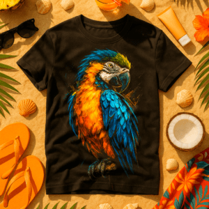 Black T-shirt with a vibrant blue and orange parrot print.