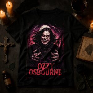 Black Ozzy Osbourne T-shirt with gothic artwork and candles.