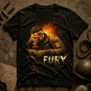 Black T-shirt with a fiery soldier graphic and the word 'FURY'.