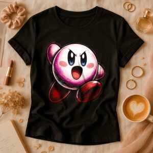 Black T-shirt featuring a vibrant Kirby character design.